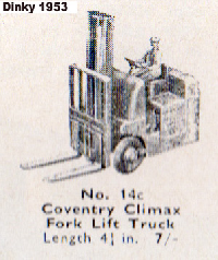 <a href='../files/catalogue/Dinky/14c/195314c.jpg' target='dimg'>Dinky 1953 14c  Coventry Climax Fork Lift Truck</a>